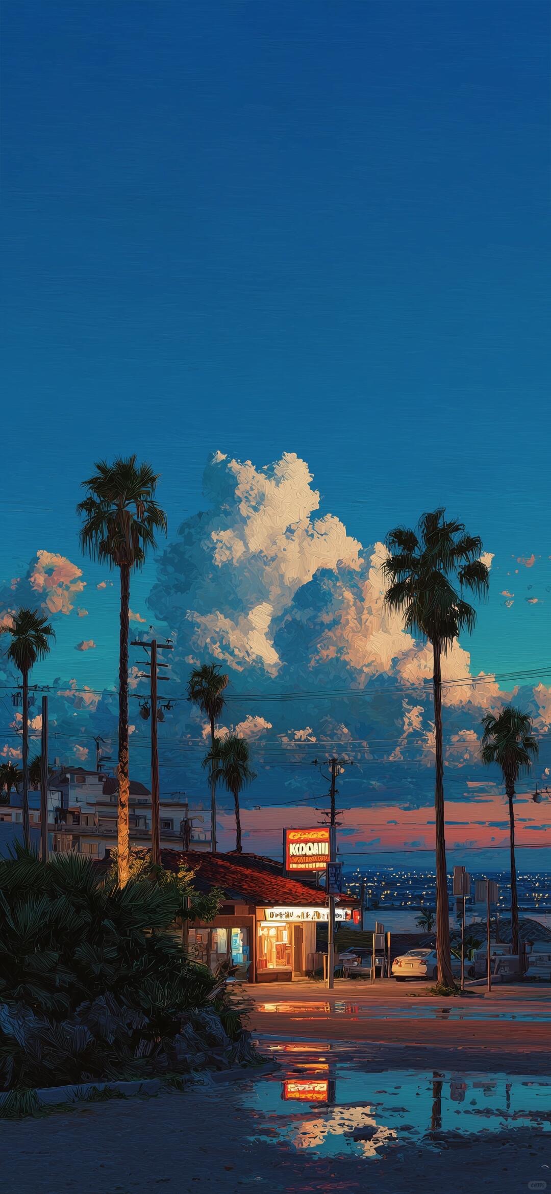 Anime coastal street at dusk