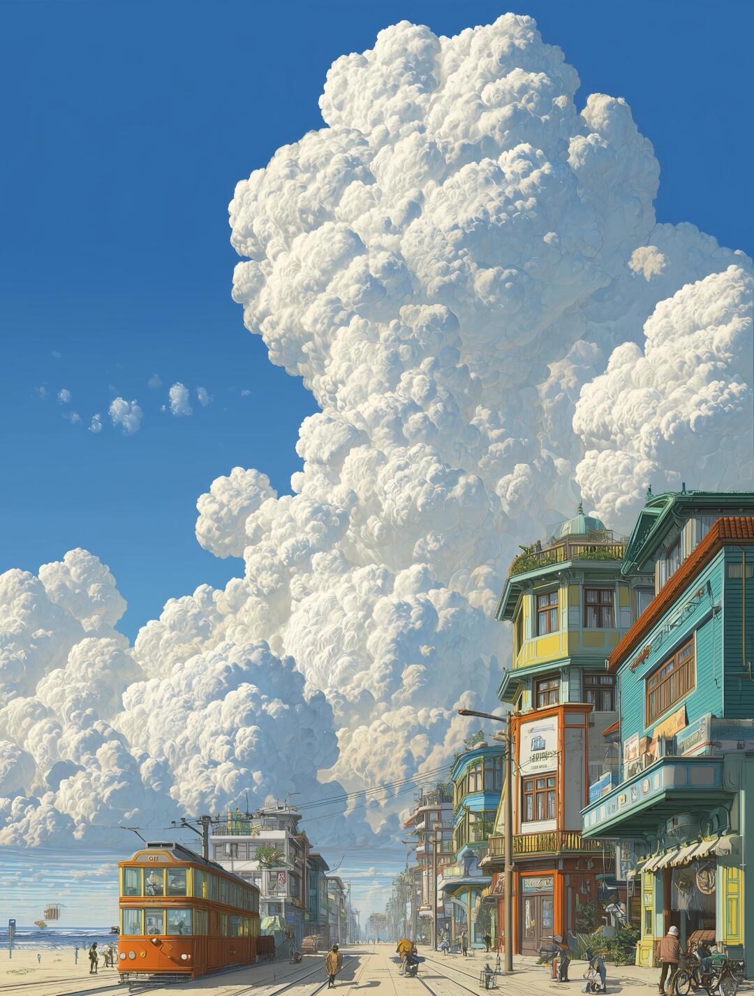 Anime coastal city with tram and giant clouds