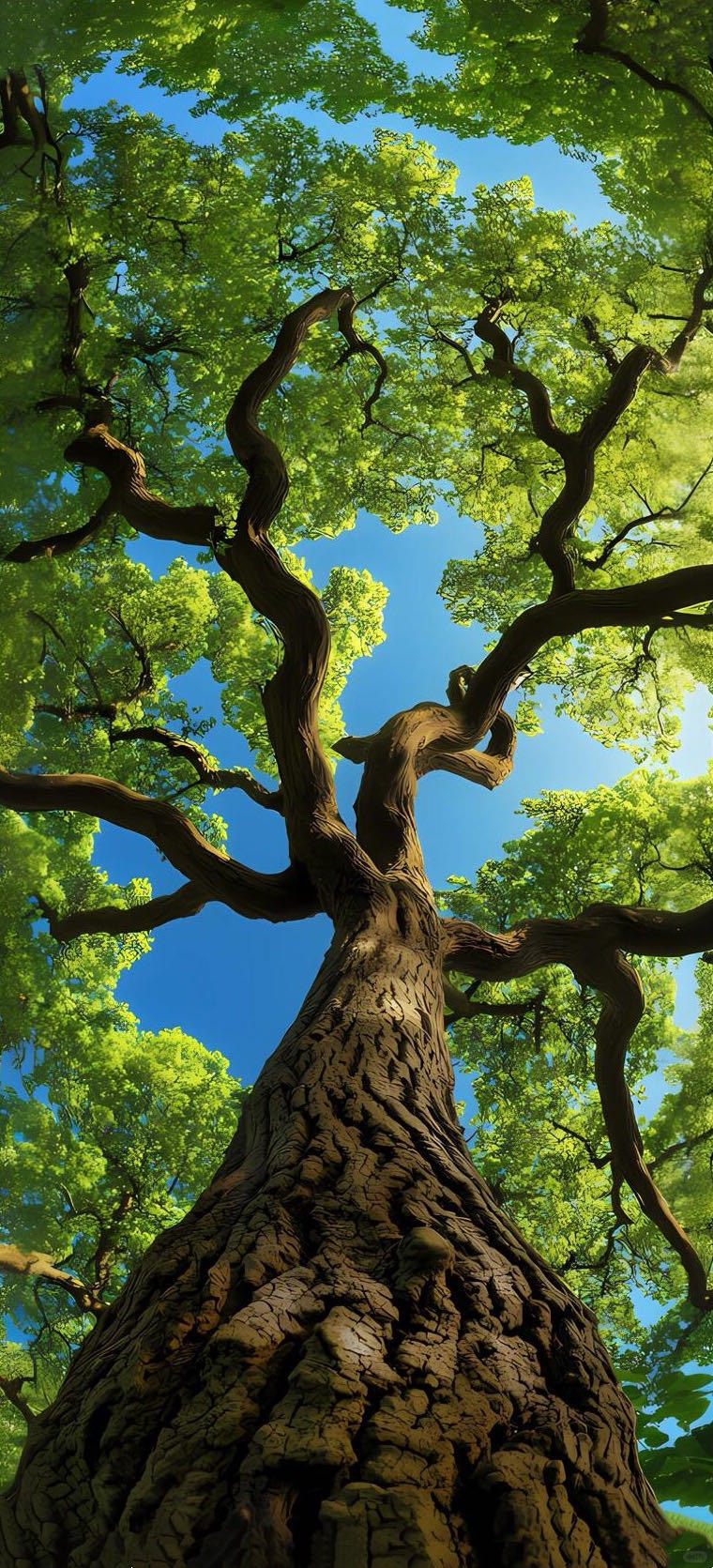 Worm eye view of ancient tree canopy