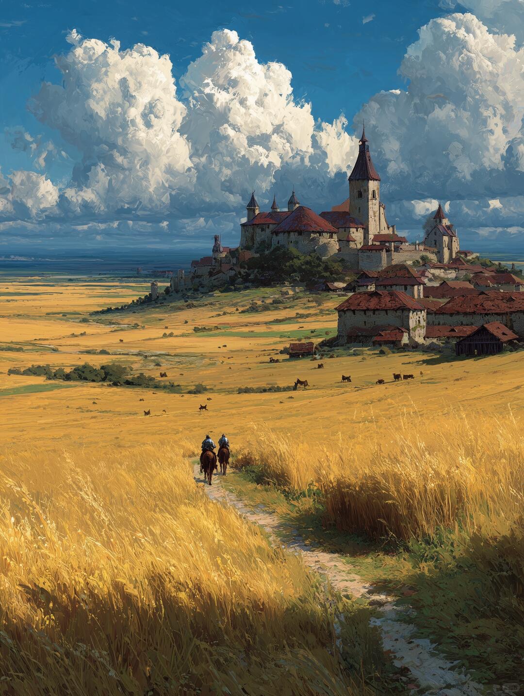 Medieval castle over golden wheat field