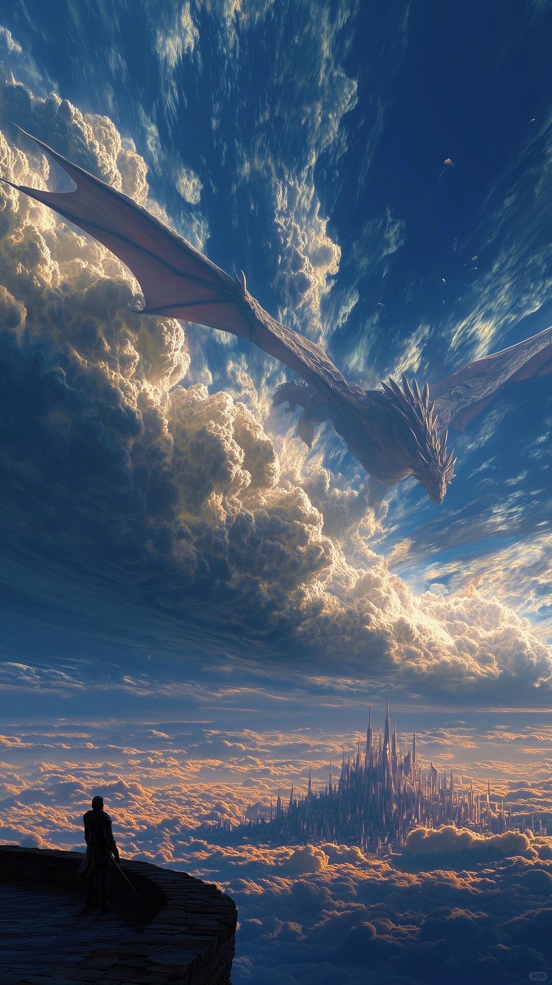 Dragon soaring above cloud city