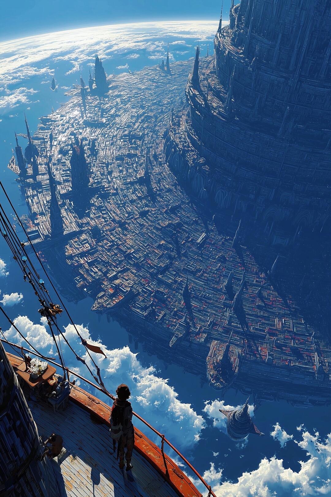 Orbital city above planet clouds